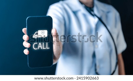 Experience healthcare efficiency as a doctor's hand holds a smartphone, enabling ambulance calls and rapid medical responses, ensuring swift and timely healthcare support Royalty-Free Stock Photo #2415902663
