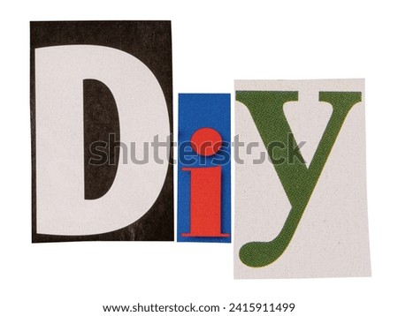 The word diy made from cutout letters from printed magazines, isolated cut out on white background