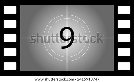 Old film countdown number 9. Flat, gray, number 9, retro film strip, old film countdown, cinematography design. Vector illustration