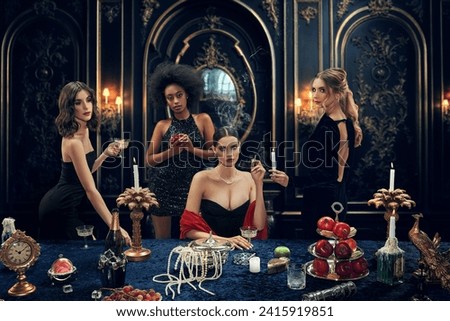 Promotional imagery for a VIP event hosting service. Beautiful young women in elegant dresses attending luxurious place for dinner. Concept of upper-class, holidays, party, royalty. Wealthy life