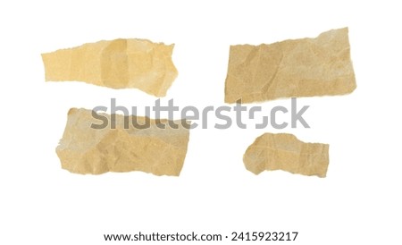 Recycled paper craft stick on a white background. Brown paper torn or ripped pieces of paper isolated on white background. Collection of Scotch tape isolated on a white background.