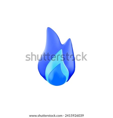Blue flame, volumetric 3d icon, vector illustration isolated on white background. Symbol of gas fire, light with burning, cute cartoon picture in realistic plastic effect. Render icon
