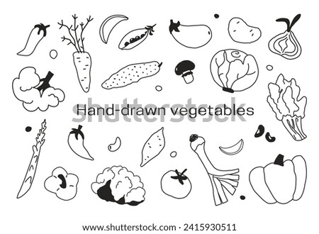 Vegetable vector illustrations in hand drawn cartoon style isolated on white background. Doodle veggies broccoli, eggplant, onion, cucumber, spinach, cabbage Royalty-Free Stock Photo #2415930511