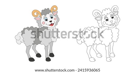 Ram or sheep line and color illustration. Cartoon vector illustration for coloring book.