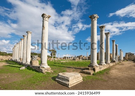 Columns and ruins in the ancient city of Salamis in Cyprus. Salamis Ruins, Famagusta, Turkish Republic of Northern Cyprus, CYPRUS. Tourist area of ​​the ruins of the city of Salamis. Royalty-Free Stock Photo #2415936499