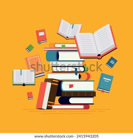 2D throw books, opened and closed books, books set illustration with orange background