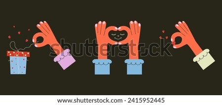Set of elements for Valentine's Day.'The hand unties the gift box, holds a small heart,shows the "heart" gesture.Vector illustration in the style of a naive hand drawing.Holiday design sticker,print