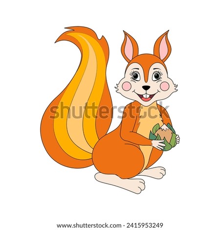 Cute squirrel cartoon. Red fluffy squirrel holding nut. Vector Illustration.
