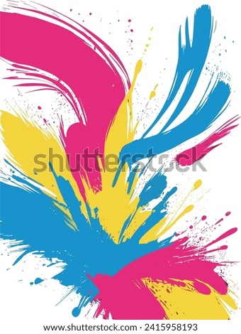 Abstract vector illustration of dynamic sports background with textured strokes in blue, magenta, and yellow splatter brush, creating a vibrant visual impact.