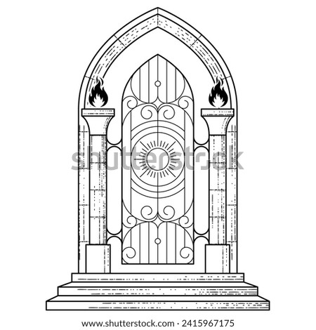 The gates of heaven with torches, portal to paradise, occult gateway of hell arch, vector