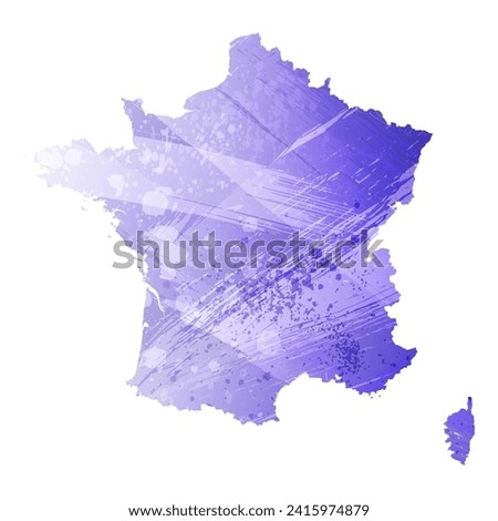 High detailed vector map. France. Watercolor style. Aspid blue color. A violet, delicate, pastel color.