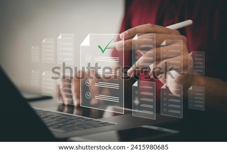 One person is using a computer. Digital document management concept on virtual screen Automatic document allocation process Paperless document management Integrating and sharing data in the cloud

 Royalty-Free Stock Photo #2415980685