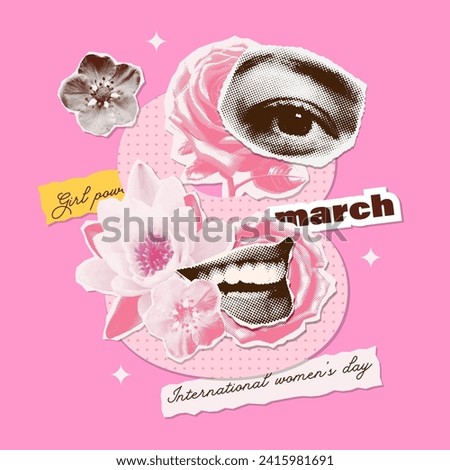 Mixed media 8 female symbol with halftone female collage elements - flowers and torn out female face parts. Banner template for International womens day, feminism, gender equality. Vector illustration Royalty-Free Stock Photo #2415981691
