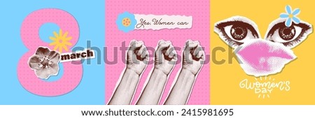 Halftone Collage banners set for International Women s day decoration. Trendy postcards with paper torn out flower, hands, eye and mouth stickers. y2k pop art greeting Card of fight for women s rights Royalty-Free Stock Photo #2415981695
