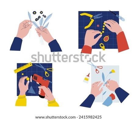 DIY handkraft. Human hands making appliques, gluing flowers, cutting paper with scissors. Handmade jewelry, creative hobby. Craftsman with tools for card design vector set illustration