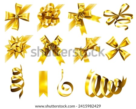 Decorative corner bow. Golden favor ribbon, yellow angle bows and luxury gold ribbons. Christmas, birthday wrapping for gifts. Festive presents, shiny surprise celebration vector isolated set