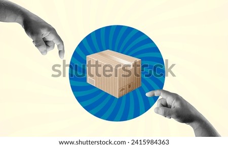 Collage of people hands hold carton for delivery