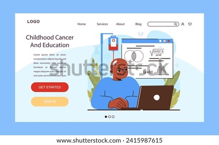 Child cancer web banner or landing page. Little kid studying at school while oncological illness medical treatment. Education process during a chemotherapy. Flat vector illustration