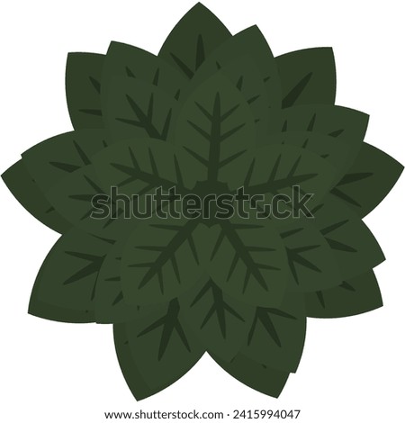 Stacked dark green leaves in a symmetrical circle digital 2D illustration. Isolated floral boquet element for decoration.