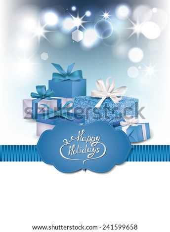 Blue holiday background with gift boxes