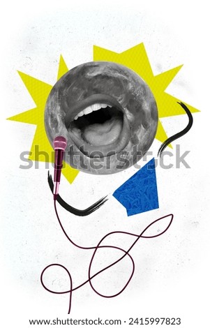 Collage 3d pop sketch image of funny moon head person singing karaoke isolated white color background