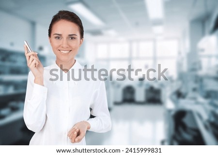 Happy young woman hold mobile phone for communication