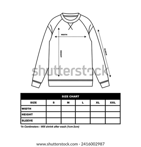 Sweatshirt Size Chart, crew neck, long sleeve size chart, sweater