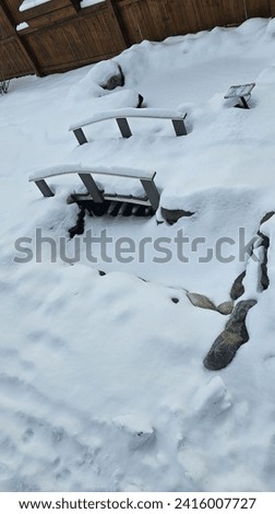 Snowfall. Winter scene captures a picturesque pond nestled under a blanket of pristine snow. The frozen surface glistens in the soft winter sunlight, creating a tranquil and enchanting atmosphere.
