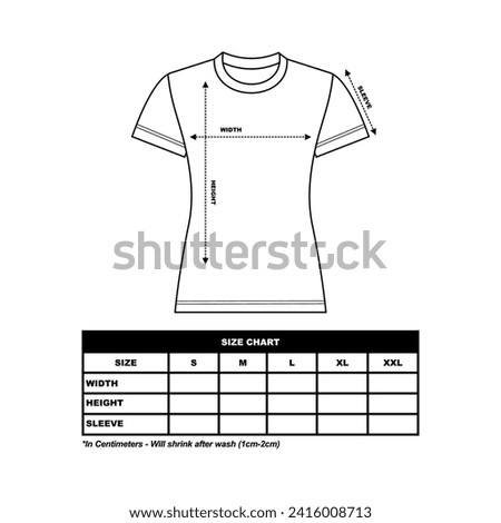 Short sleeve t shirt Size Chart, woman round, square and V neck. technical drawing fashion flat sketch vector illustration