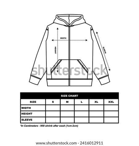 Zip up hoodie sweatshirt Size Chart. technical drawing fashion flat sketch vector illustration