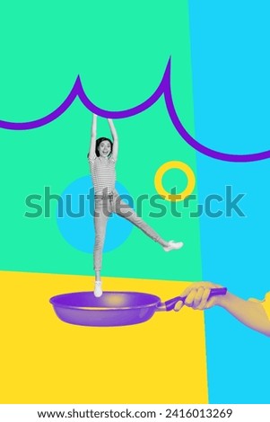 Picture artwork collage of funky girl hanging rope and falling down on hot frying pan isolated over drawing colorful background