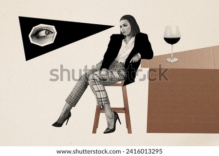 Collage picture sitting young beautiful girl suit formalwear drinking alcohol glass wine bar pub espionage spy eye face element fragment