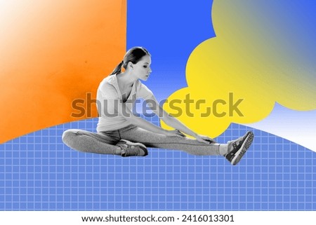 Collage 3d image pinup pop retro sketch of attractive female stretching legs warm up healthy lifestyle weird freak bizarre unusual fantasy