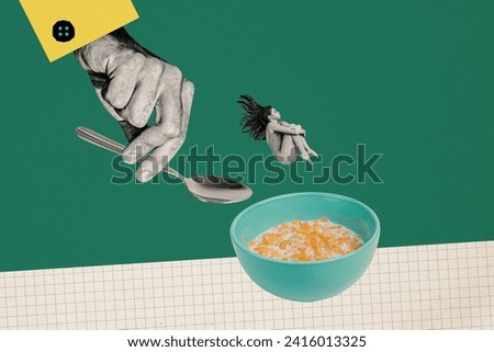 Collage picture of black white colors arm hold spoon mini girl swimsuit dive fall huge cereal flakes bowl isolated on green background