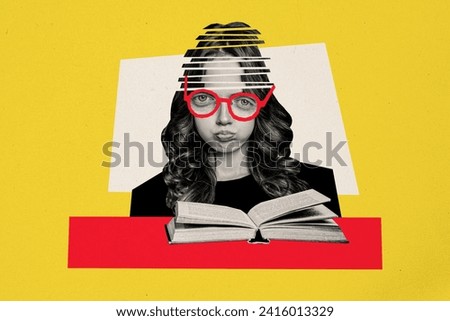 Collage picture banner young girl librarian nerd bookworm student read encyclopedia story novel fiction feel bored clever smart glasses Royalty-Free Stock Photo #2416013329
