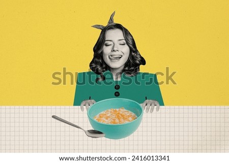 Creative abstract collage of young hungry lady tongue licks lips when preparing to eat milk cornflakes isolated on yellow color background