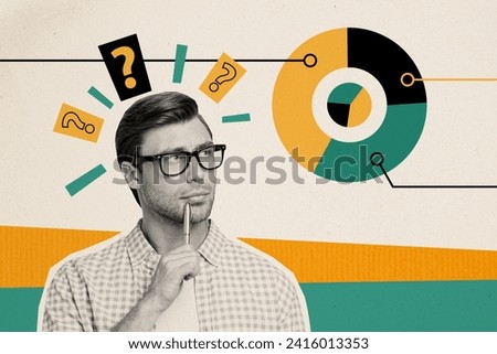 Creative drawing collage picture of interested male look data info trading question sign weird freak bizarre unusual fantasy billboard