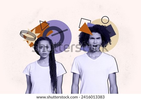 Photo collage creative picture young siblings man girl staying confused amazed dissatisfied what happened drawing background