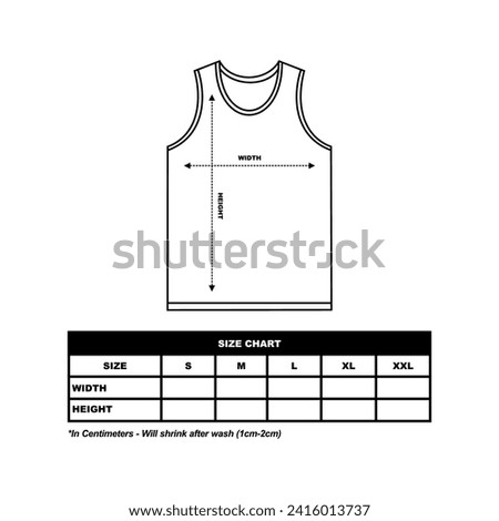 sports jersey Size Chart, sleeveless t-shirt template with a round neck. sports jersey. fashion clothing vector illustration