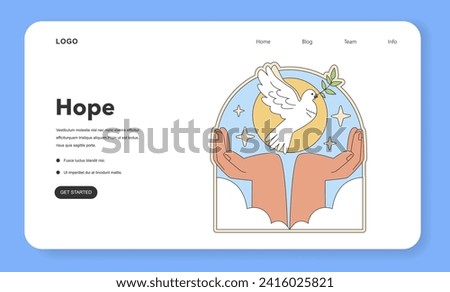 Hope concept illustration. Open hands releasing a dove, the universal symbol of peace and goodwill, against a dawn sky. Emblematic of spiritual freedom and faith. Flat vector illustration Royalty-Free Stock Photo #2416025821
