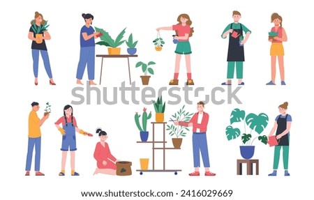 Home gardening hobby. People care about plants in pots. Botanical elements, gardeners and biologists. Adults grow greenery, splendid vector characters