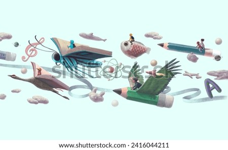 Education, book, reading, imagination, dream of children and back to school concept art. conceptual illustration. kids and animals.