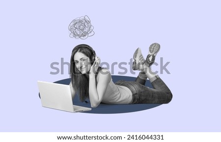 Photo collage  of addicted woman watching in laptop Royalty-Free Stock Photo #2416044331