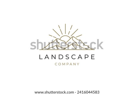 elegant hipster gold sun sunset sunrise with mountain hill logo icon vector in trendy line linear Royalty-Free Stock Photo #2416044583