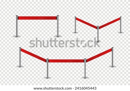 Realistic red retractable belt stanchion. Barricade realistic red rope. Restriction border and danger tape. Realistic metal barrier for belt control on transparent background. Vector illustration.  Royalty-Free Stock Photo #2416045443