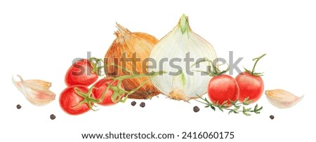 Fresh ripe cherry tomato on branch, onion, garlic, pepper. Hand drawn watercolor illustration of red organic vegetable, close-up, vegetarian food, natural ingredient, package design element, painting