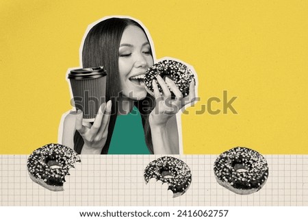 Creative art collage picture of dreamy girl holding sweet chocolate donut biting sugary and drink coffee isolated over yellow background