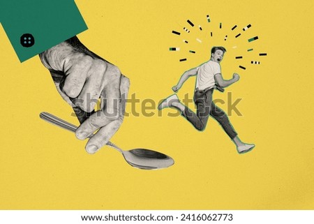Collage image of funky frightened man escape from spoon which trying to scoop him up and eat like food isolated on yellow color background