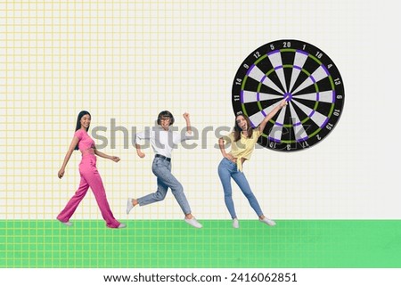 Horizontal surreal picture collage photo advert of three women go forward work together as team to reach goal dartboard target motivation