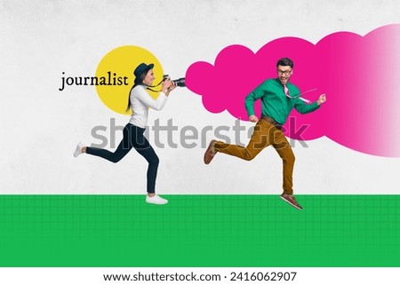 Horizontal collage photo picture image of woman run photographing handsome man star popular celebrity paparazzi work on drawing background